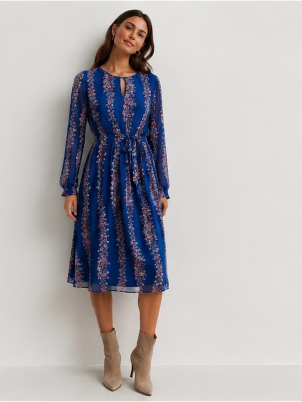 Boden Blue Floral Stripe Midi Dress US 10R Long Sleeve Tie Waist Boho